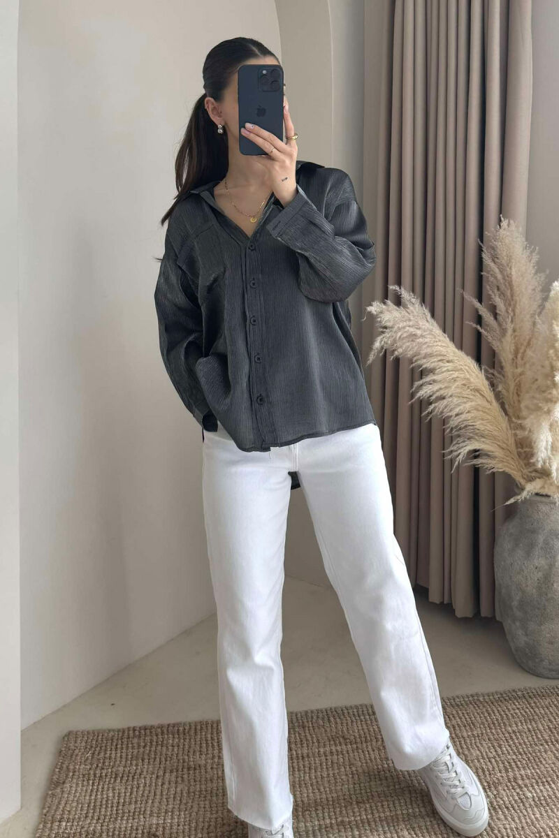 SHINY MATERIAL SINGLE POCKET WOMEN SHIRT DARK GREY/GEE - 2