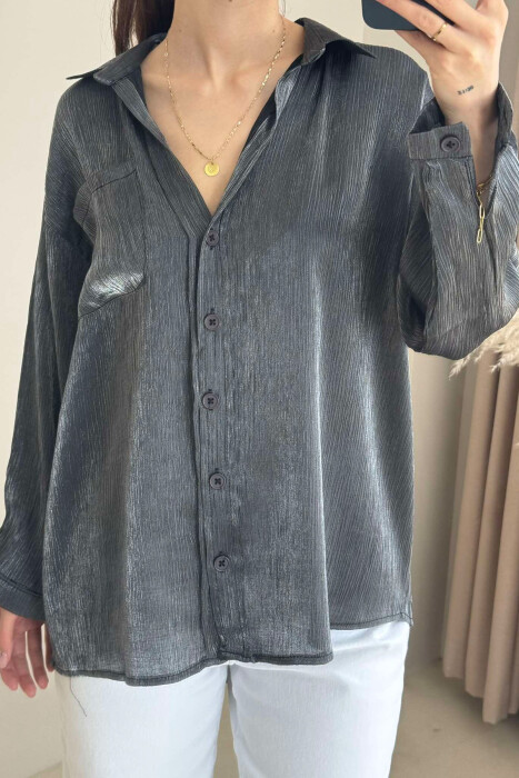 SHINY MATERIAL SINGLE POCKET WOMEN SHIRT DARK GREY/GEE - 3