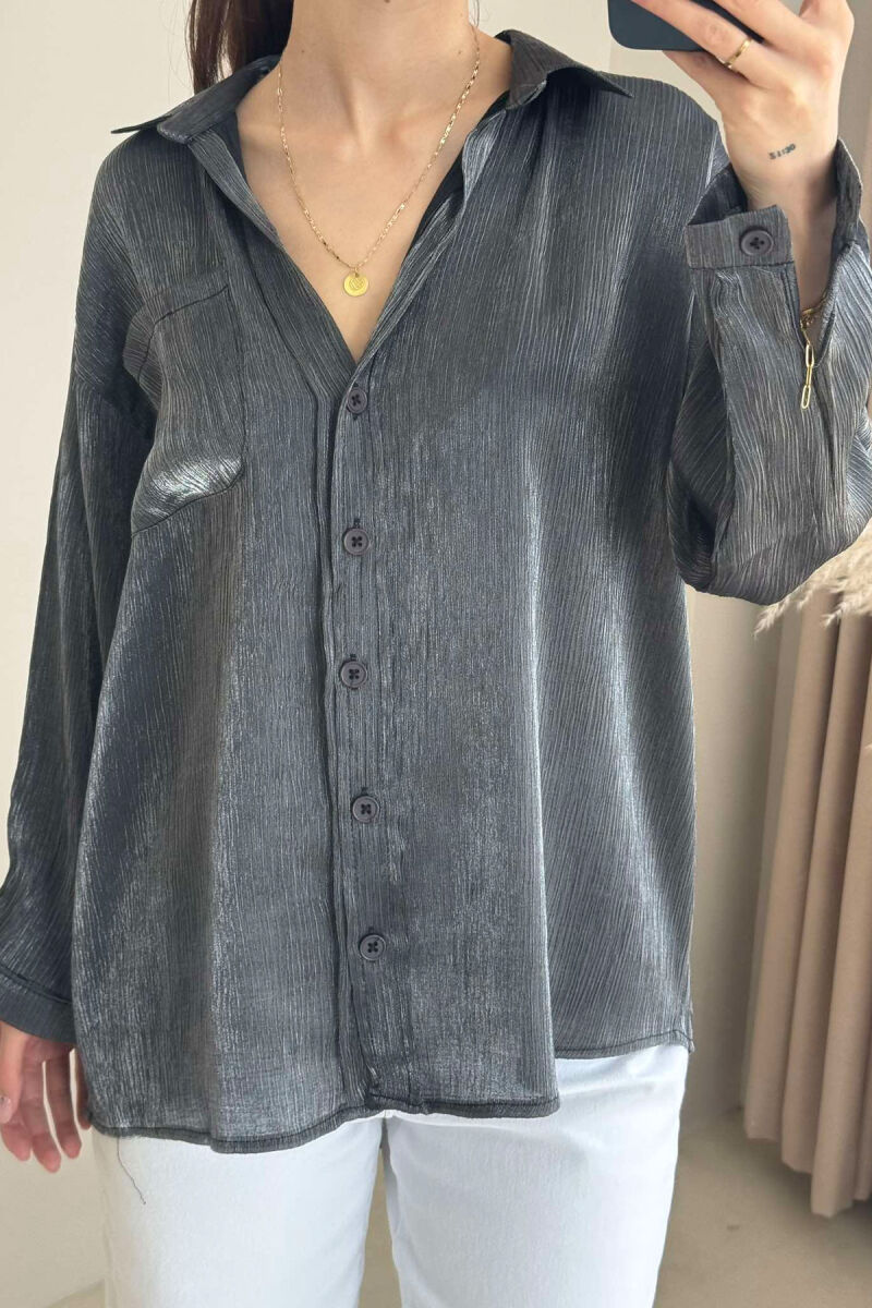 SHINY MATERIAL SINGLE POCKET WOMEN SHIRT DARK GREY/GEE - 3