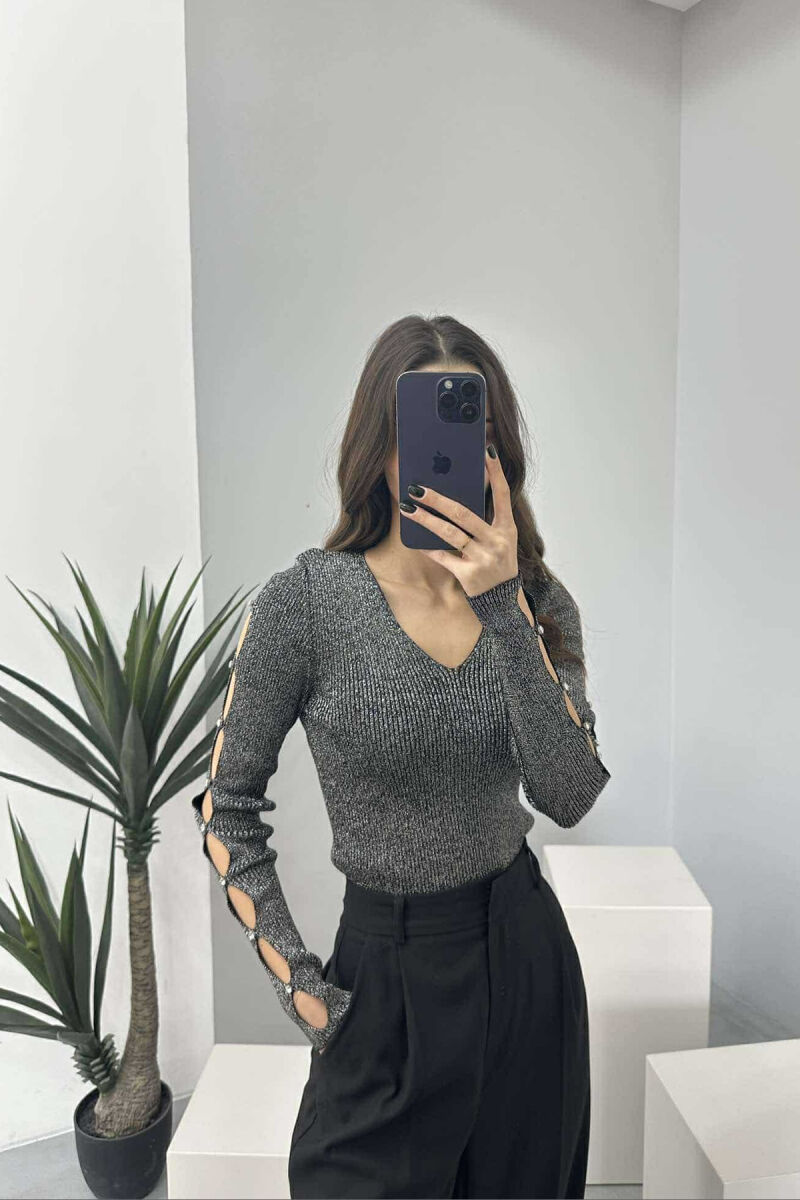 SHINY MATERIAL STONES DETAIL WOMEN SWEATER BLACK/ E ZEZE - 1