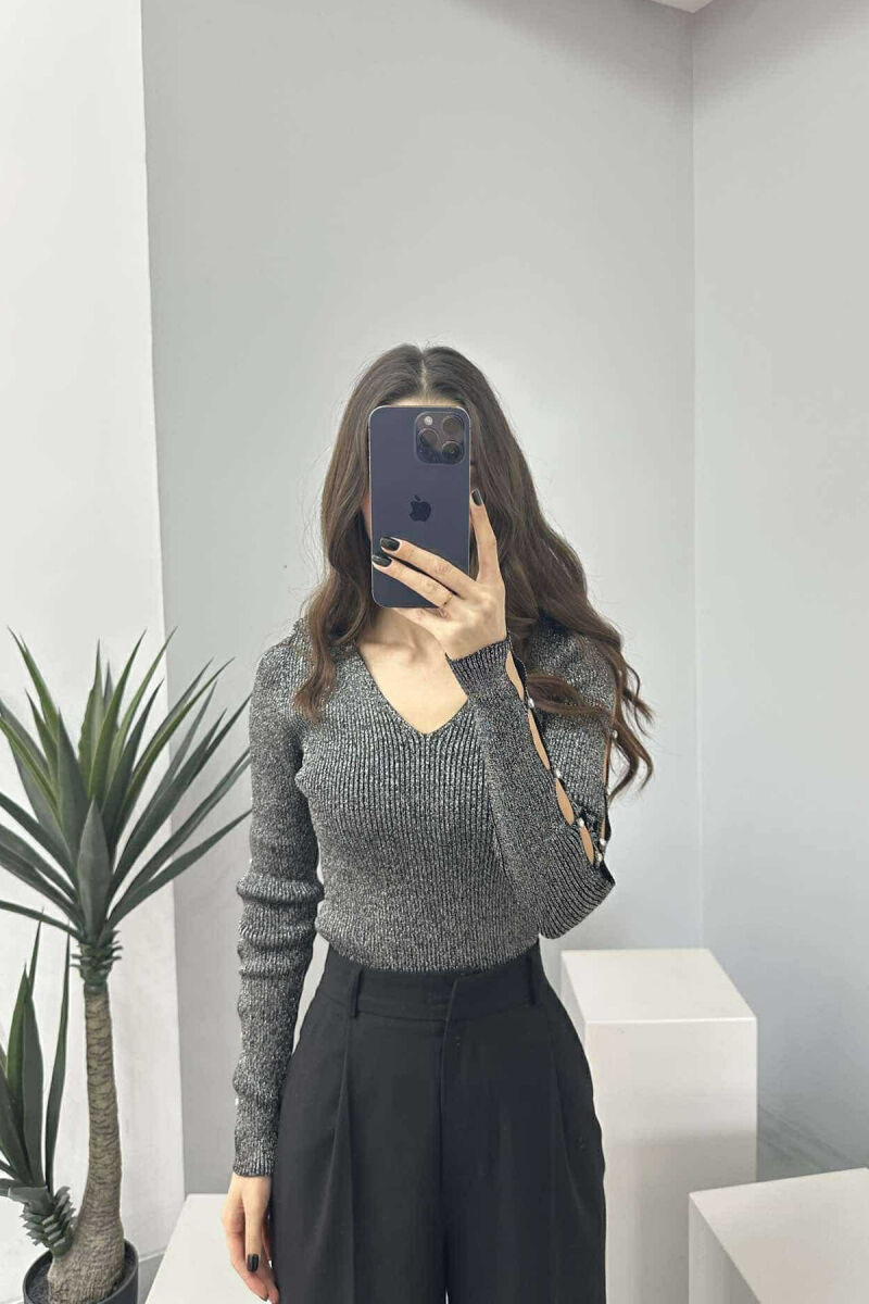 SHINY MATERIAL STONES DETAIL WOMEN SWEATER BLACK/ E ZEZE - 2