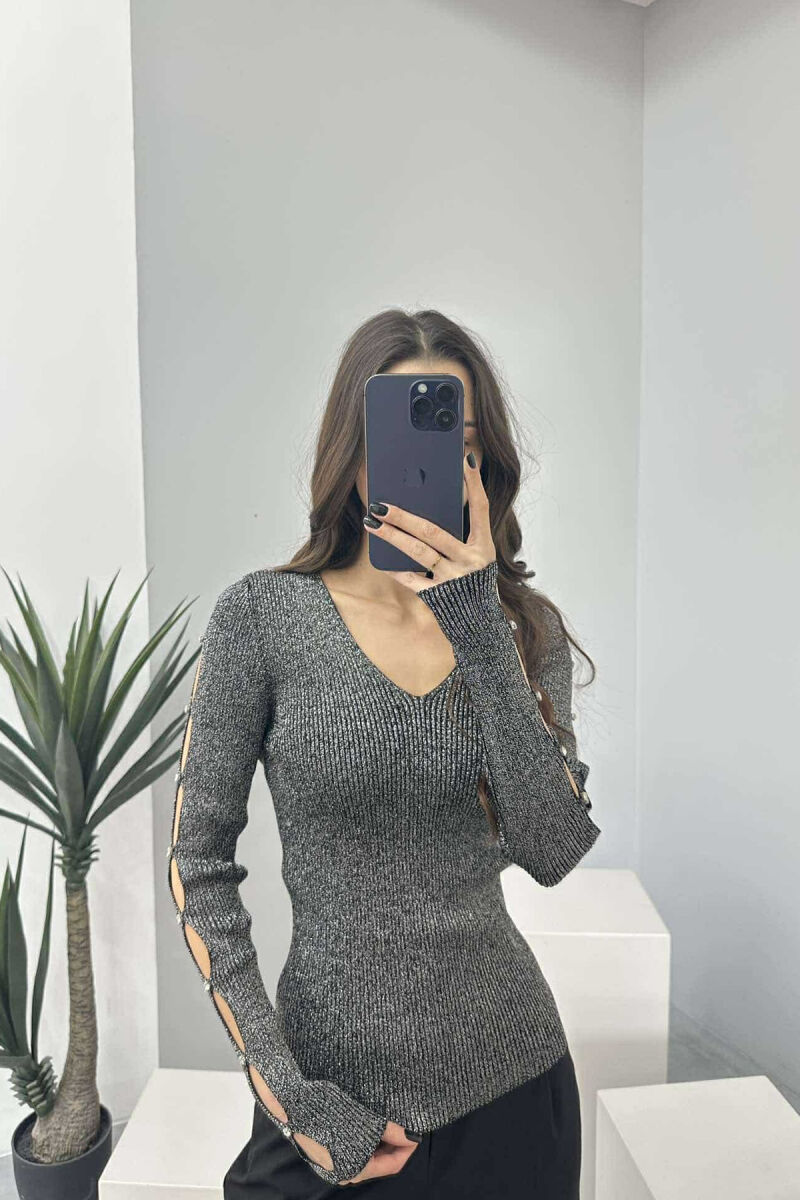 SHINY MATERIAL STONES DETAIL WOMEN SWEATER BLACK/ E ZEZE - 3