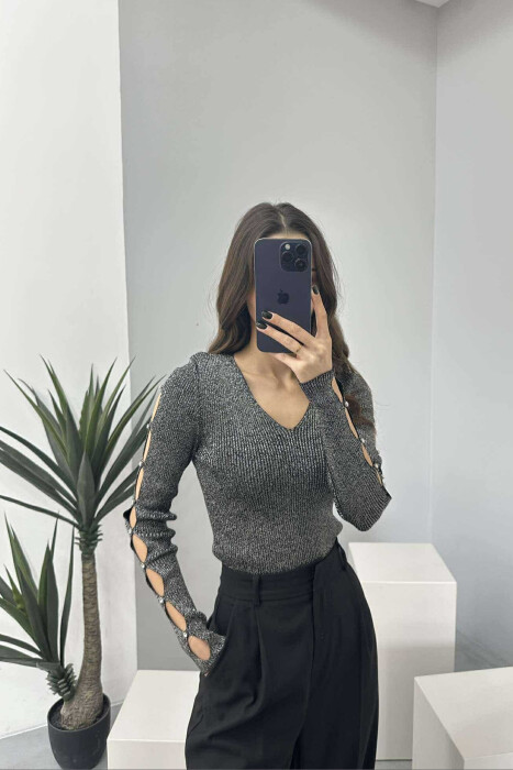 SHINY MATERIAL STONES DETAIL WOMEN SWEATER BLACK/ E ZEZE 