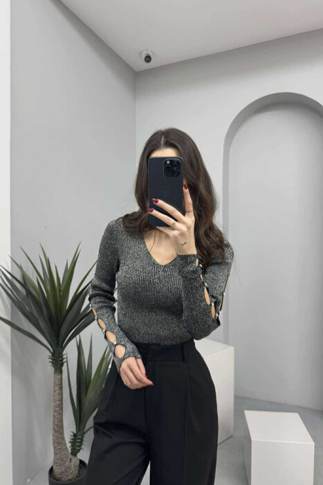 SHINY MATERIAL STONES DETAIL WOMEN SWEATER GREY/GRI - 1