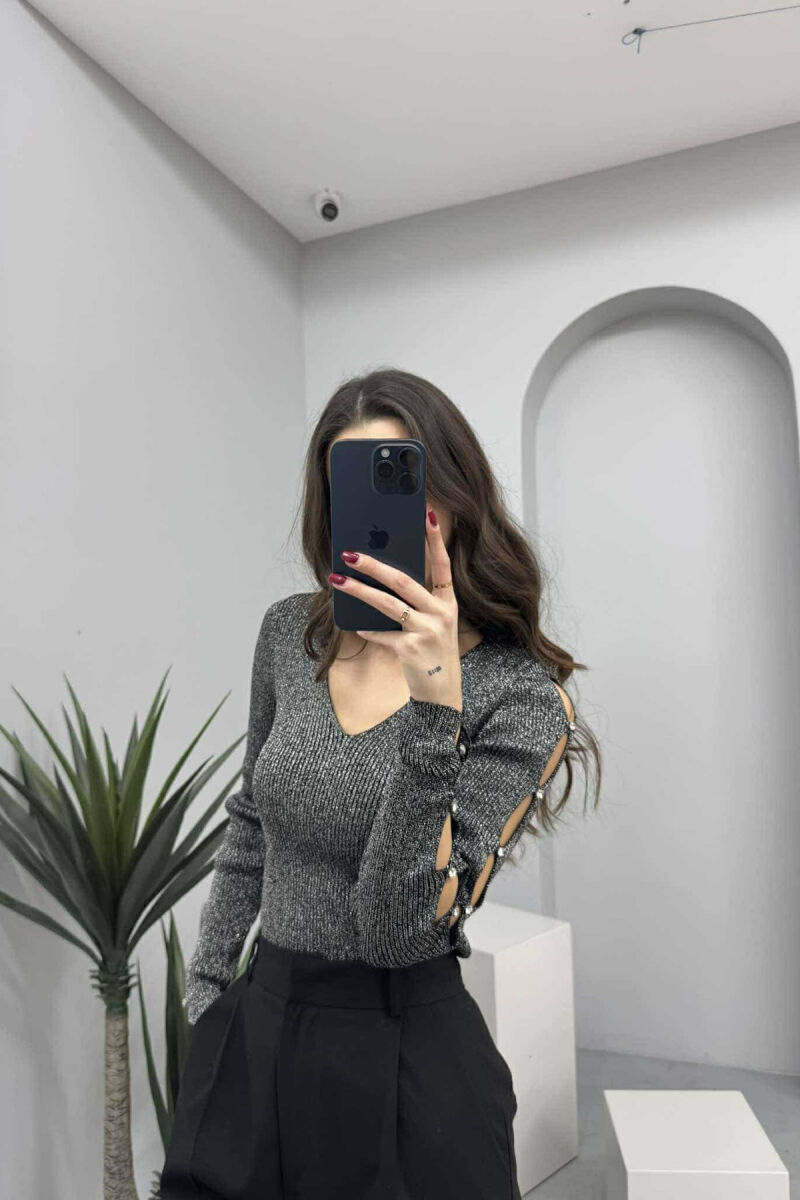 SHINY MATERIAL STONES DETAIL WOMEN SWEATER GREY/GRI - 2