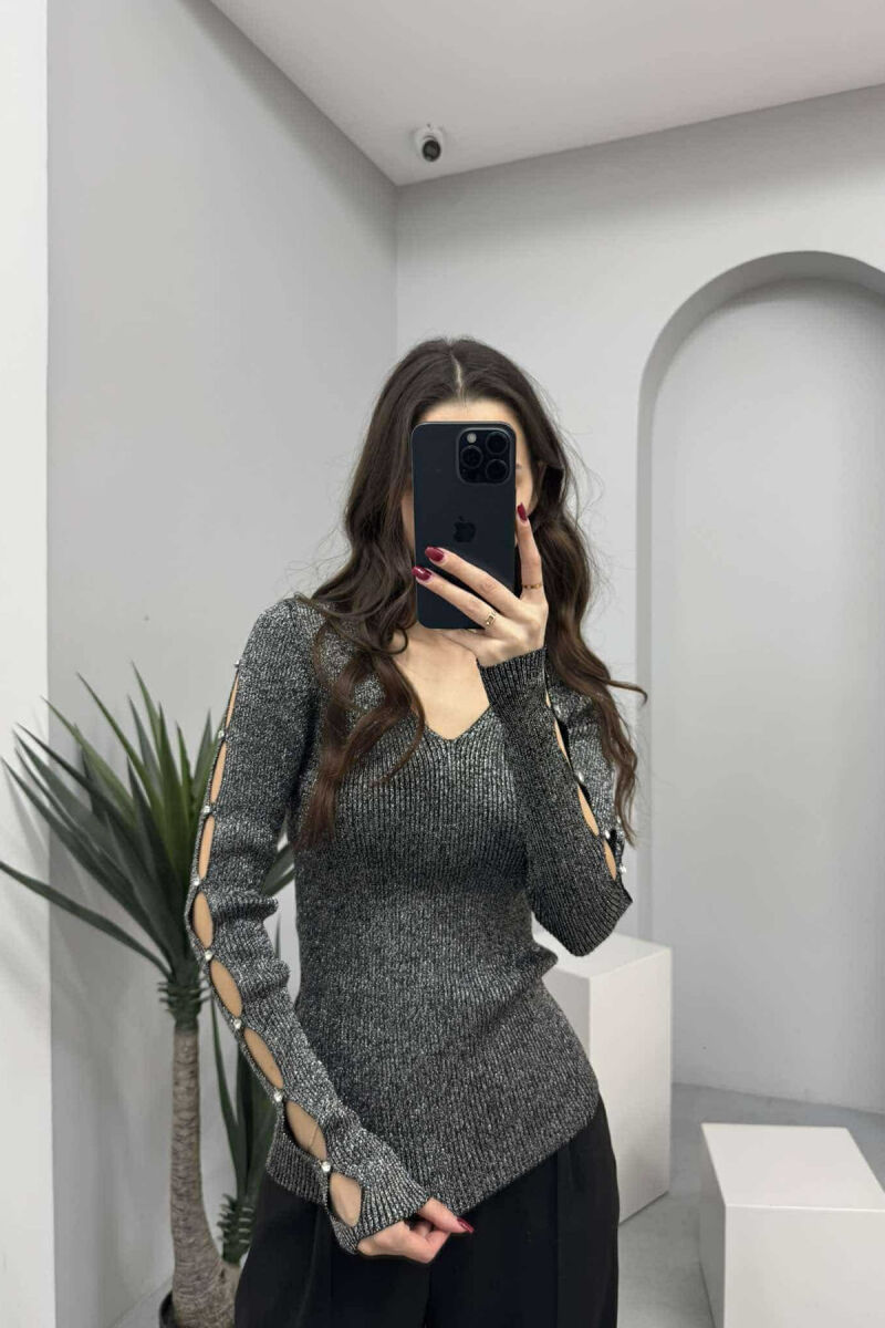 SHINY MATERIAL STONES DETAIL WOMEN SWEATER GREY/GRI - 3