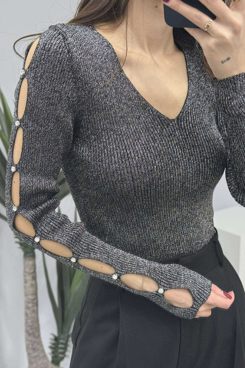 SHINY MATERIAL STONES DETAIL WOMEN SWEATER GREY/GRI - 4