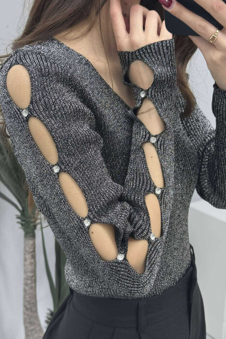 SHINY MATERIAL STONES DETAIL WOMEN SWEATER GREY/GRI - 5