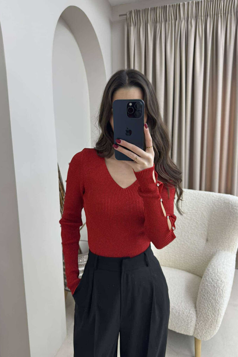 SHINY MATERIAL STONES DETAIL WOMEN SWEATER RED/E KUQE - 2
