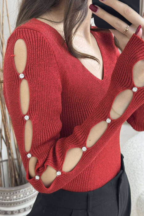 SHINY MATERIAL STONES DETAIL WOMEN SWEATER RED/E KUQE - 4