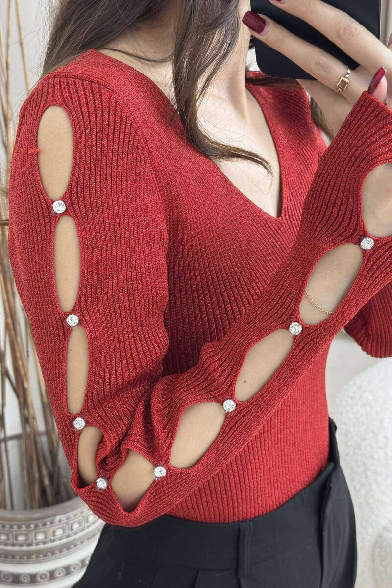 SHINY MATERIAL STONES DETAIL WOMEN SWEATER RED/E KUQE - 4