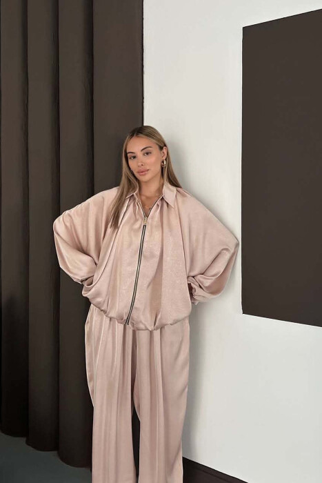 SHINY ONE COLOR JACKET + BALLON TROUSERS WOMAN SET BEIGE/BEZHE - 2