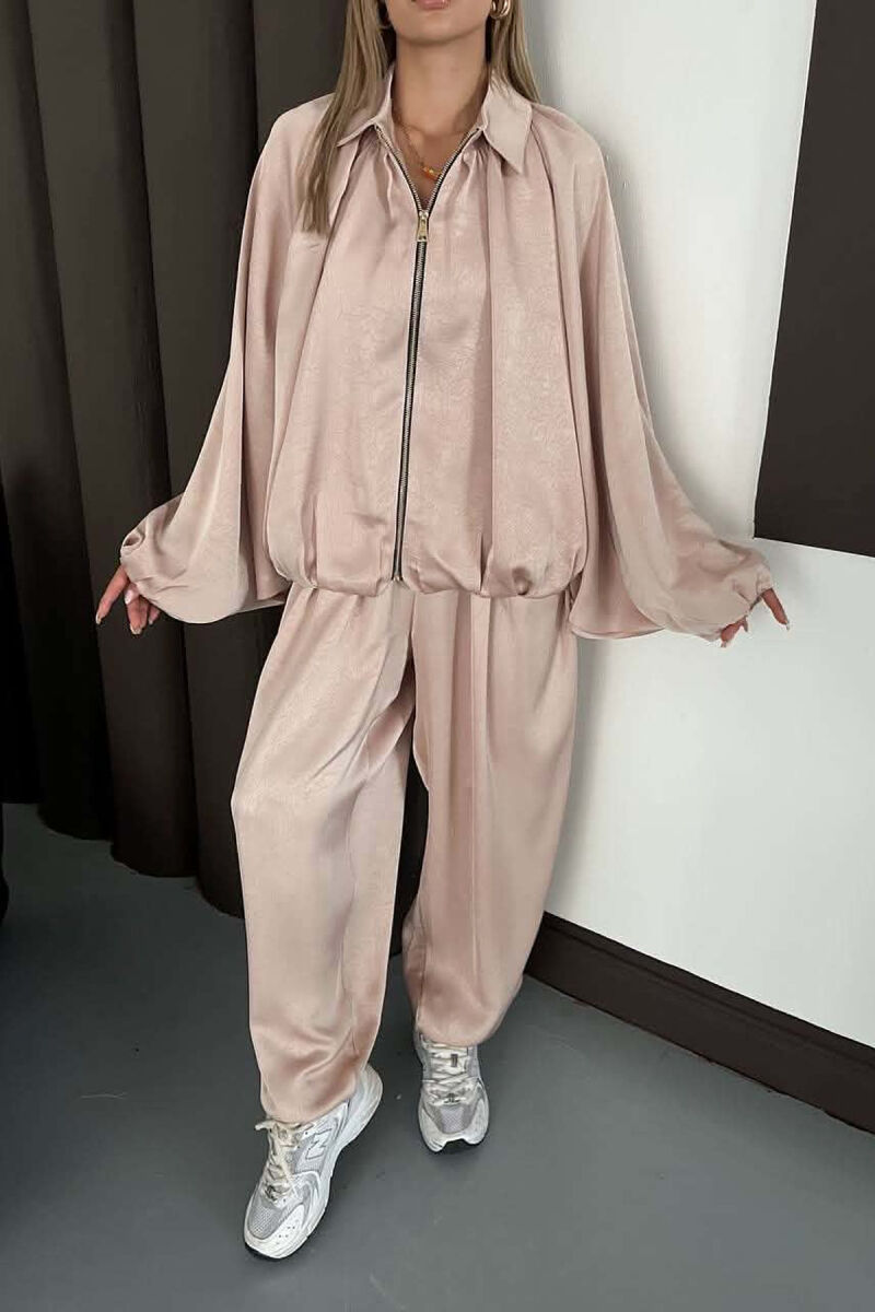 SHINY ONE COLOR JACKET + BALLON TROUSERS WOMAN SET BEIGE/BEZHE - 3