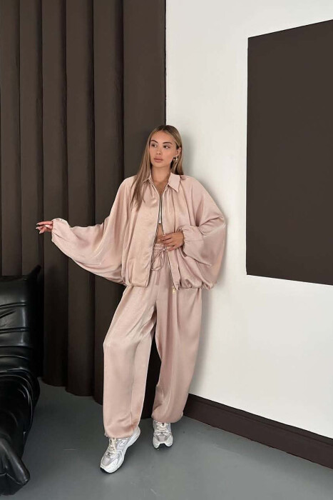 SHINY ONE COLOR JACKET + BALLON TROUSERS WOMAN SET BEIGE/BEZHE - 6