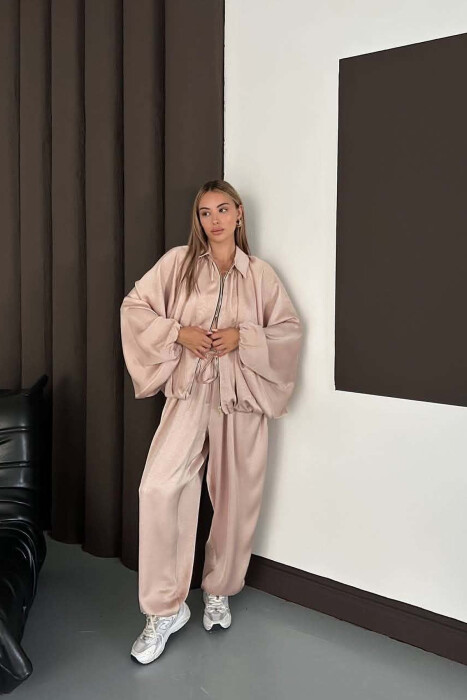 SHINY ONE COLOR JACKET + BALLON TROUSERS WOMAN SET BEIGE/BEZHE - 7