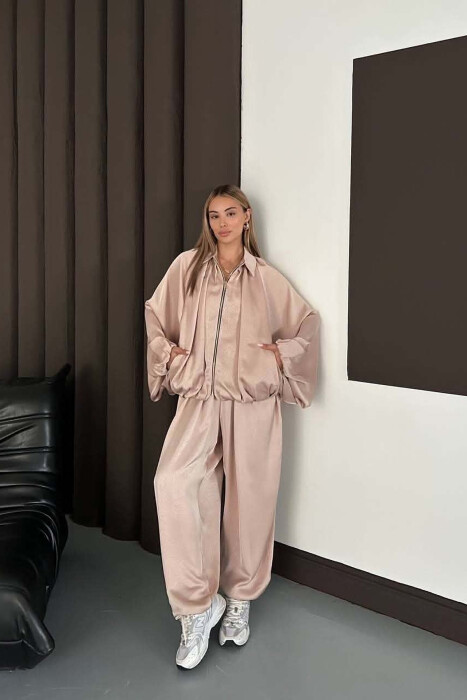 SHINY ONE COLOR JACKET + BALLON TROUSERS WOMAN SET BEIGE/BEZHE - 9