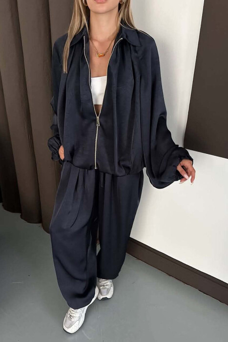 SHINY ONE COLOR JACKET + BALLON TROUSERS WOMAN SET BLUE/BLU - 3