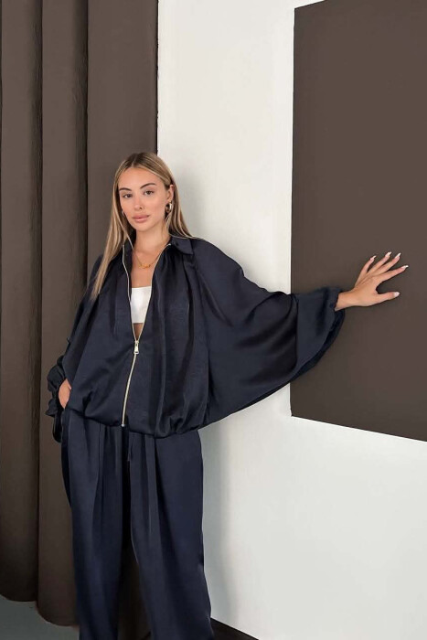 SHINY ONE COLOR JACKET + BALLON TROUSERS WOMAN SET BLUE/BLU - 4