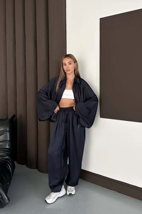 SHINY ONE COLOR JACKET + BALLON TROUSERS WOMAN SET BLUE/BLU - 7