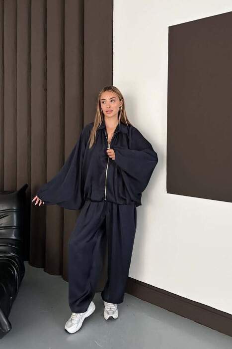 SHINY ONE COLOR JACKET + BALLON TROUSERS WOMAN SET BLUE/BLU - 10