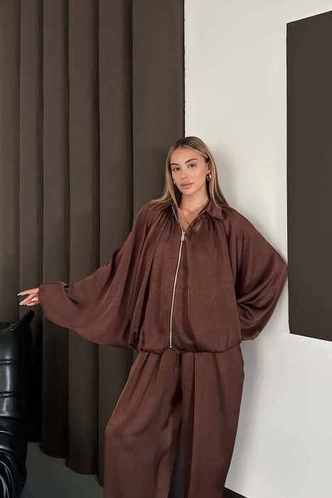 SHINY ONE COLOR JACKET + BALLON TROUSERS WOMAN SET BROWN/KAFE - 3