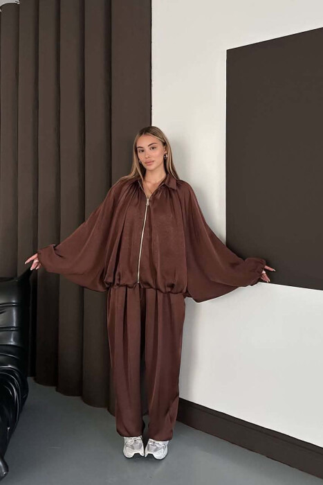 SHINY ONE COLOR JACKET + BALLON TROUSERS WOMAN SET BROWN/KAFE - 5