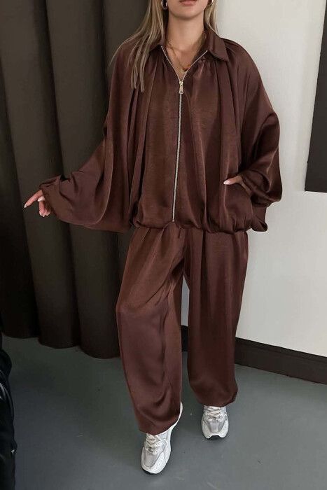 SHINY ONE COLOR JACKET + BALLON TROUSERS WOMAN SET BROWN/KAFE - 7