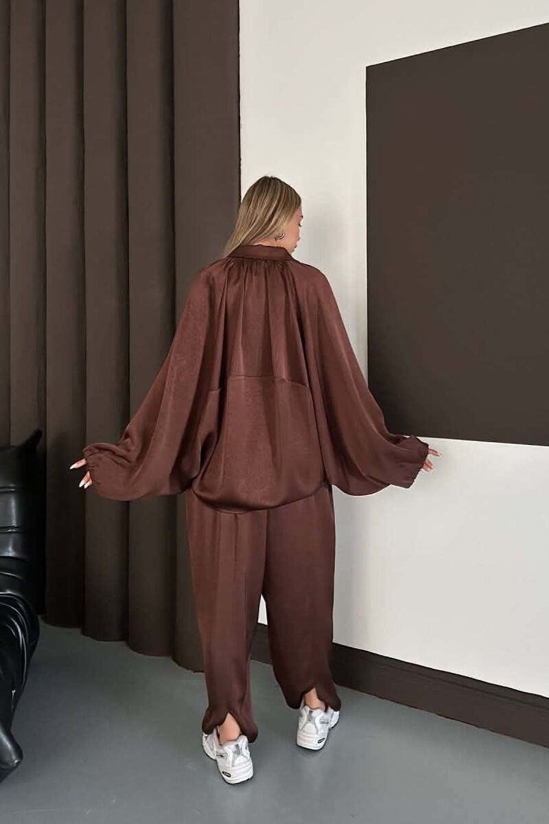 SHINY ONE COLOR JACKET + BALLON TROUSERS WOMAN SET BROWN/KAFE - 8