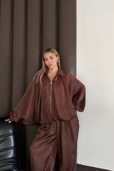 SHINY ONE COLOR JACKET + BALLON TROUSERS WOMAN SET BROWN/KAFE - 9