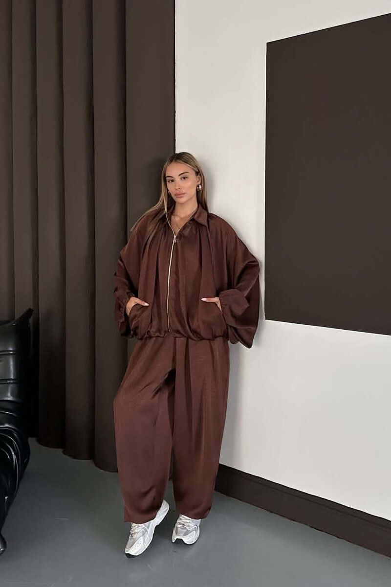 SHINY ONE COLOR JACKET + BALLON TROUSERS WOMAN SET BROWN/KAFE - 10