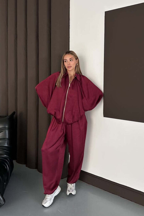 SHINY ONE COLOR JACKET + BALLON TROUSERS WOMAN SET BURGUNDY/VISHNJE - KLAUDIO FASHION