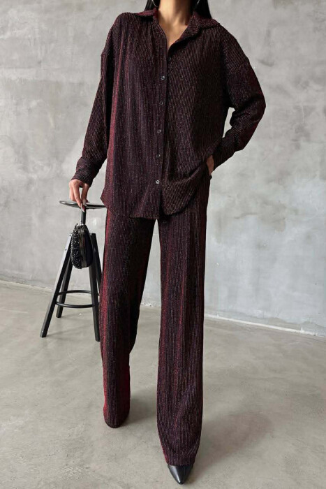 SHINY SHIRT + TROUSERS WOMAN TWO PIECE SET BURGUNDY/VISHNJE - KLAUDIO FASHION
