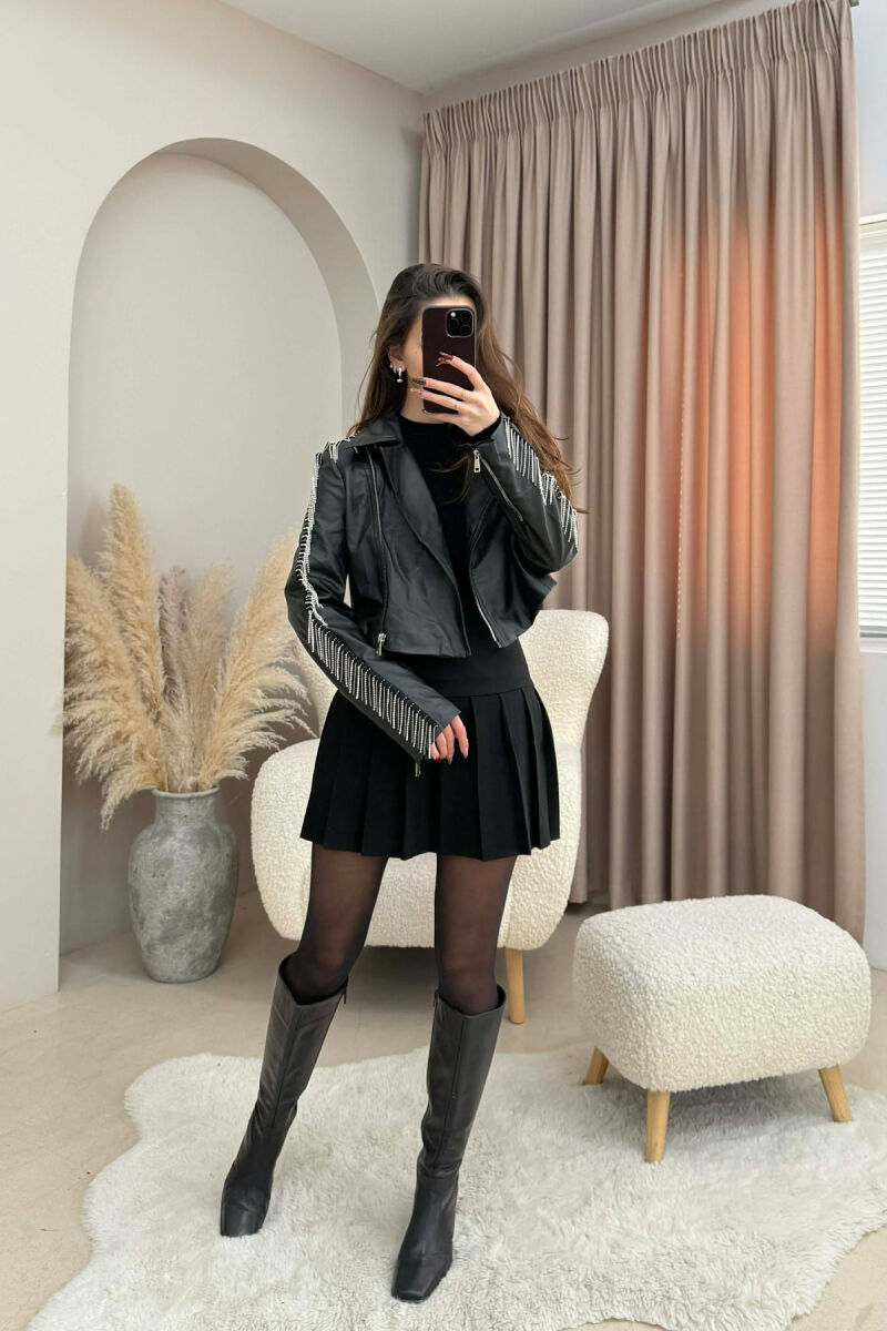 SHINY STONES DETAIL CROPPED LEATHER WOMEN JACKET BLACK/ E ZEZE - 1