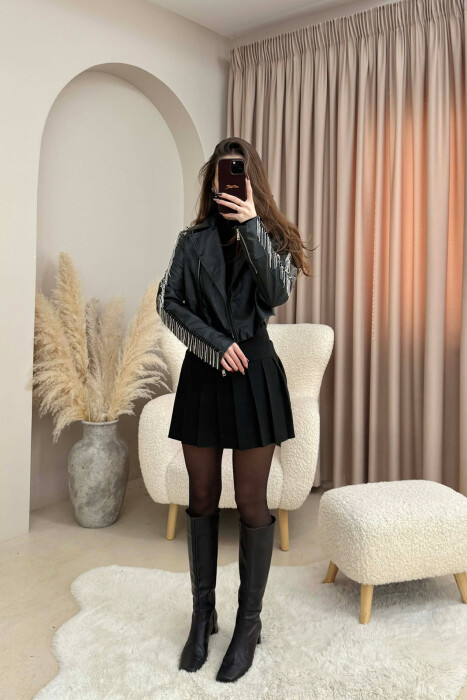 SHINY STONES DETAIL CROPPED LEATHER WOMEN JACKET BLACK/ E ZEZE - 2