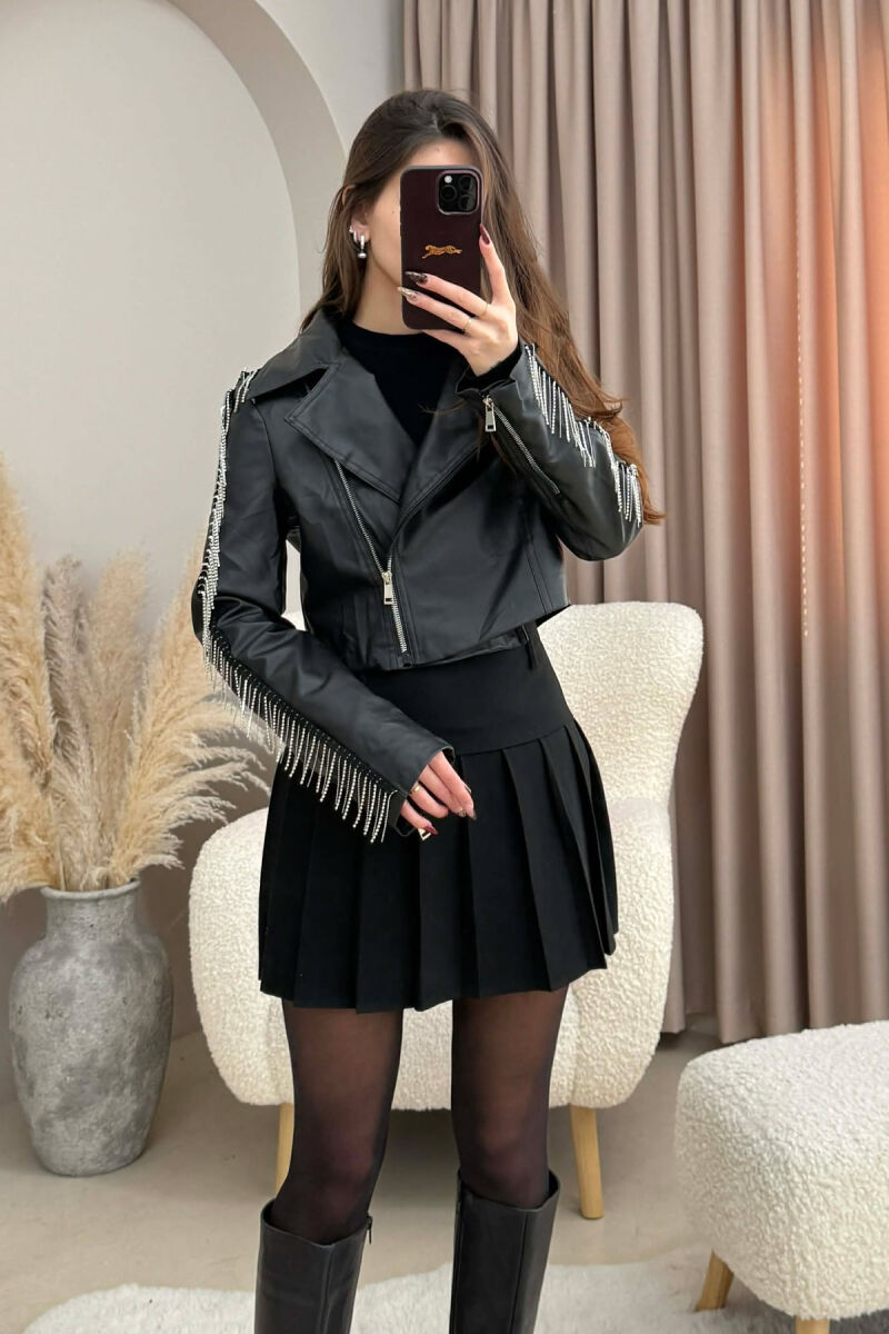 SHINY STONES DETAIL CROPPED LEATHER WOMEN JACKET BLACK/ E ZEZE - 4