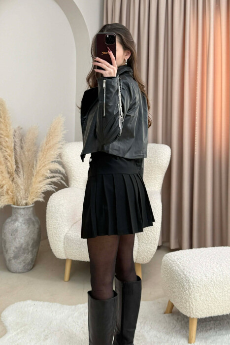 SHINY STONES DETAIL CROPPED LEATHER WOMEN JACKET BLACK/ E ZEZE - 5