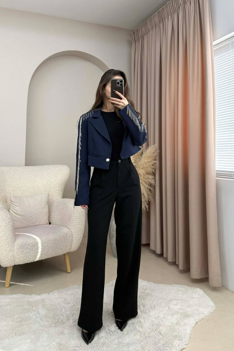 SHINY STONES DETAIL CROPPED WOMEN JACKET DARK BLUE/BEE - 1