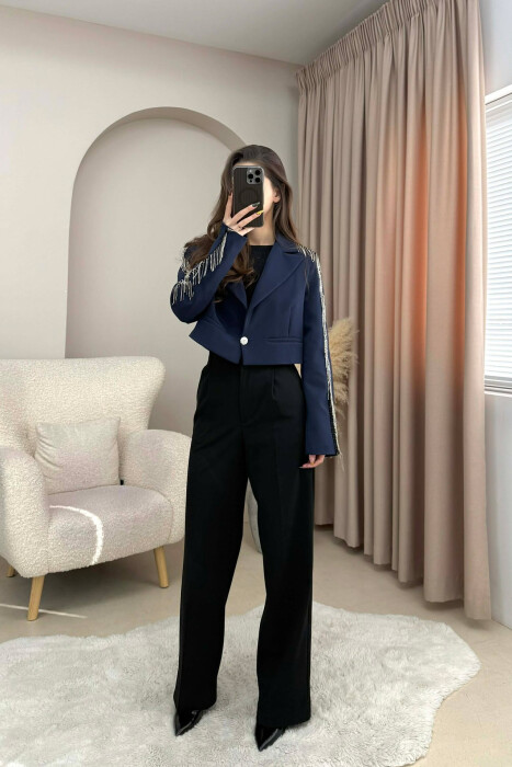 SHINY STONES DETAIL CROPPED WOMEN JACKET DARK BLUE/BEE - 2