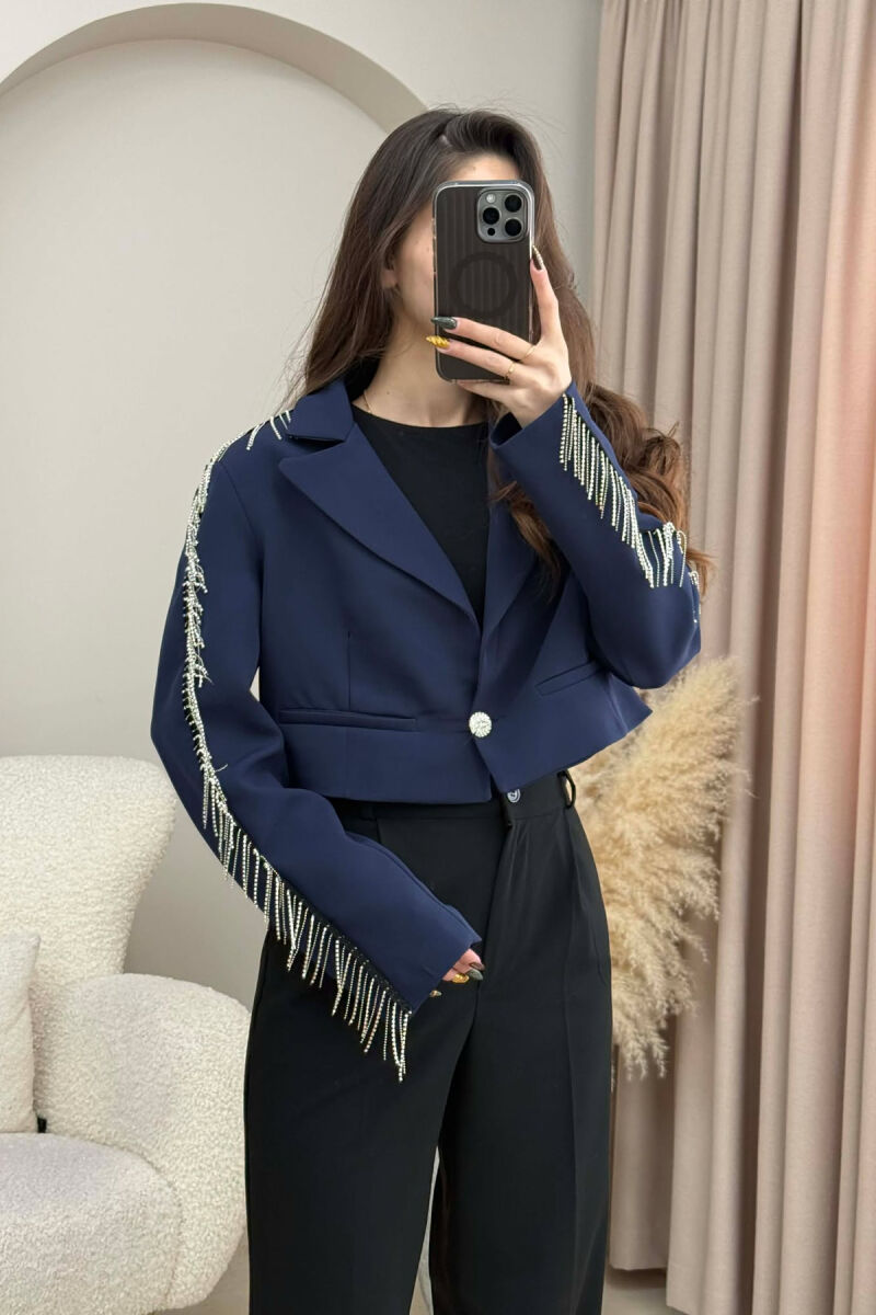 SHINY STONES DETAIL CROPPED WOMEN JACKET DARK BLUE/BEE - 3