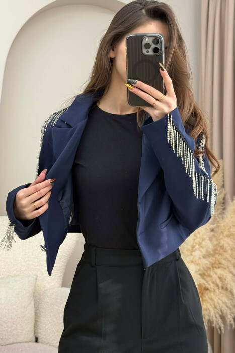 SHINY STONES DETAIL CROPPED WOMEN JACKET DARK BLUE/BEE - 4