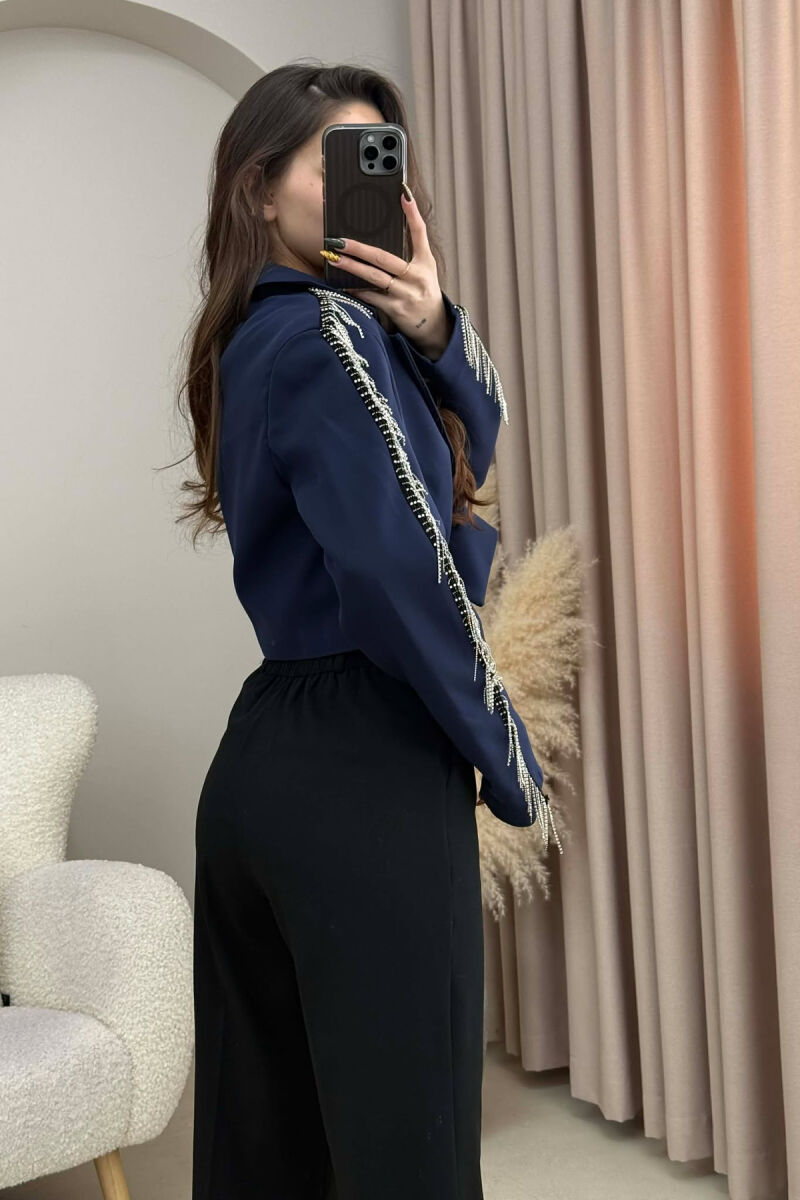 SHINY STONES DETAIL CROPPED WOMEN JACKET DARK BLUE/BEE - 5