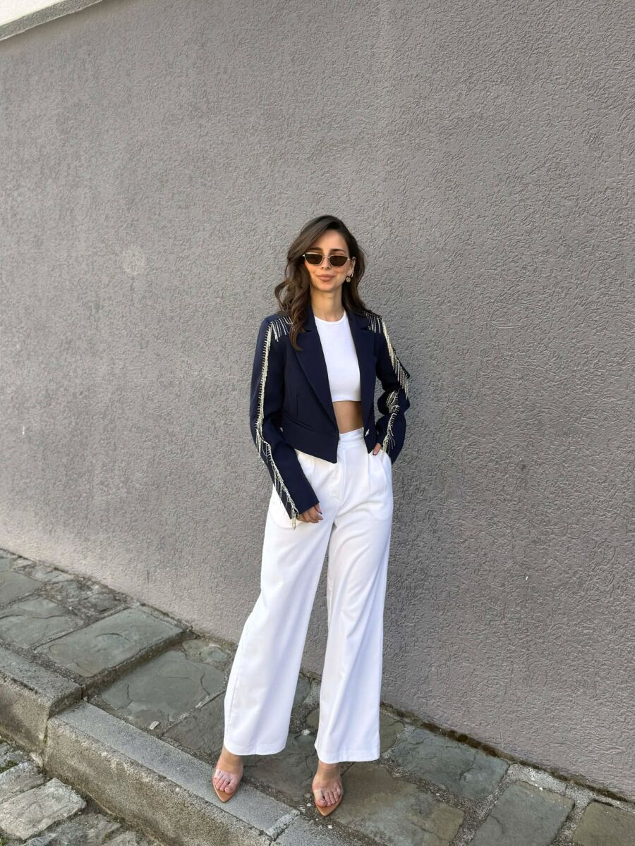 SHINY STONES DETAIL CROPPED WOMEN JACKET DARK BLUE/BEE - 2