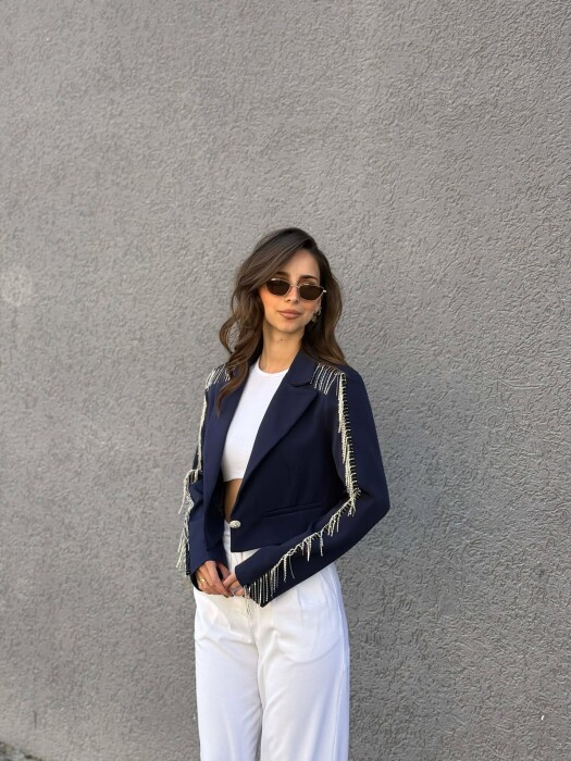 SHINY STONES DETAIL CROPPED WOMEN JACKET DARK BLUE/BEE - 4