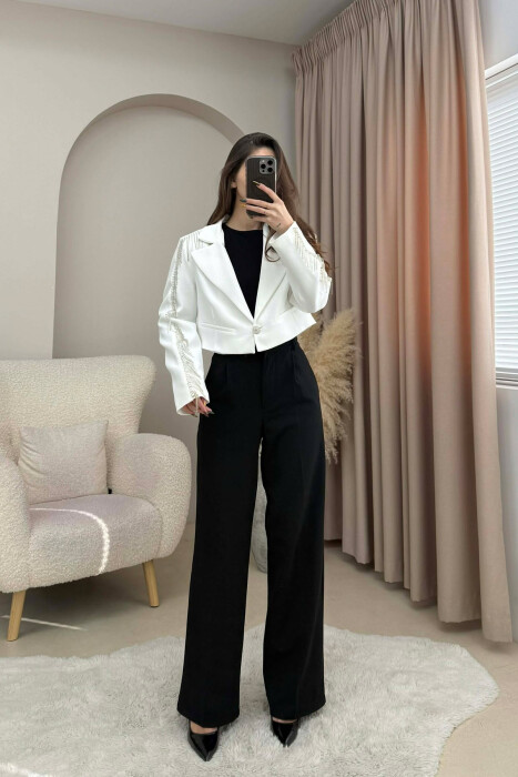 SHINY STONES DETAIL CROPPED WOMEN JACKET WHITE-E BARDHE - KLAUDIO FASHION