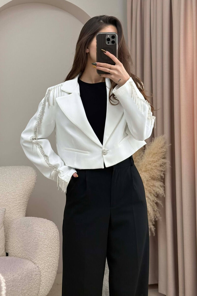 SHINY STONES DETAIL CROPPED WOMEN JACKET WHITE-E BARDHE - 2