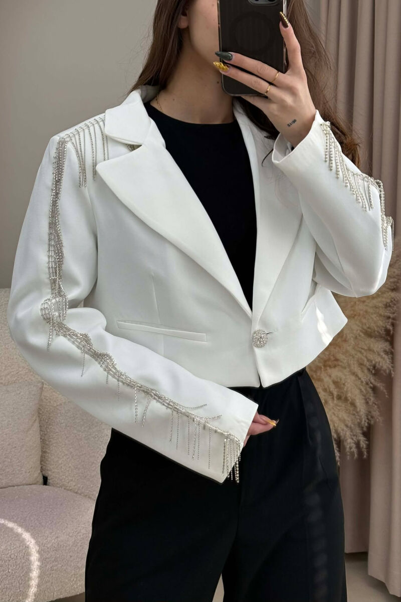 SHINY STONES DETAIL CROPPED WOMEN JACKET WHITE-E BARDHE - 3