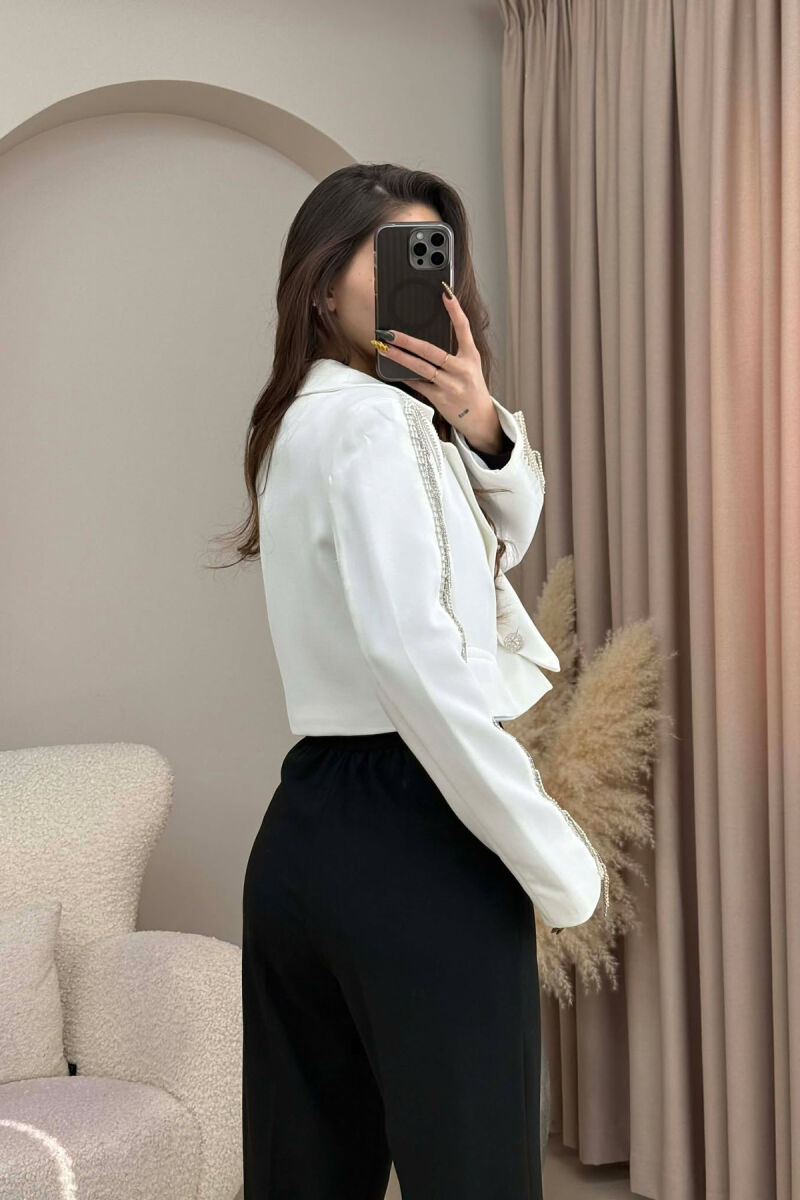 SHINY STONES DETAIL CROPPED WOMEN JACKET WHITE-E BARDHE - 4