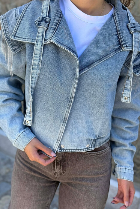 SHINY STONES DETAIL DENIM WOMAN JACKET LIGHTBLUE/BZ - 2
