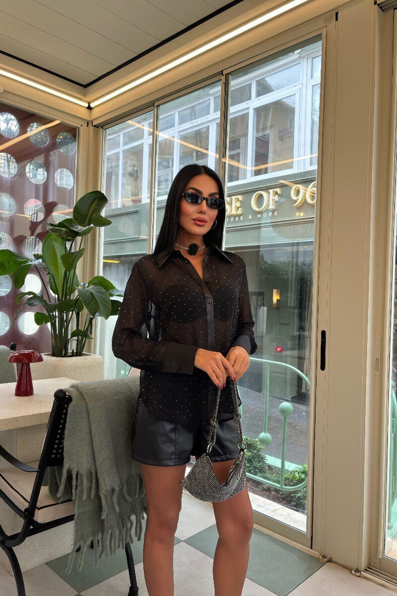 SHINY STONES DETAIL LACE WOMEN SHIRT BLACK/ E ZEZE - 1