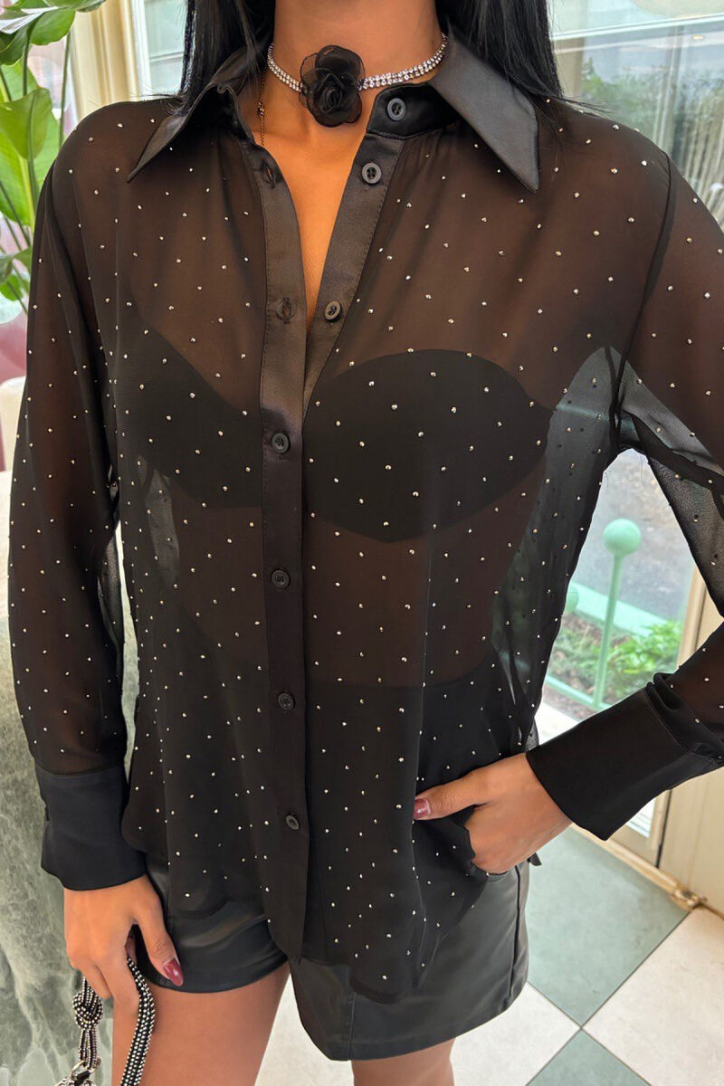 SHINY STONES DETAIL LACE WOMEN SHIRT BLACK/ E ZEZE - 3